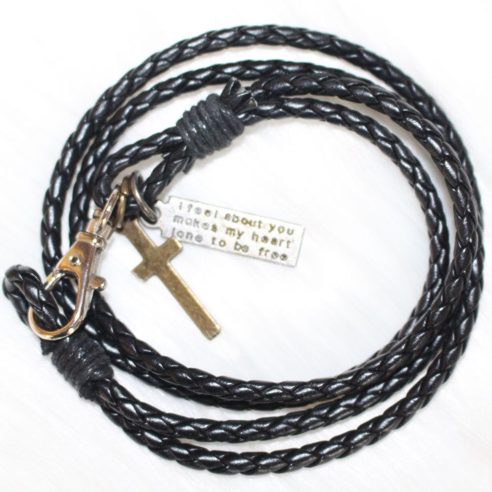 Black Braided rope leather bracelet dangling cross Unisex
